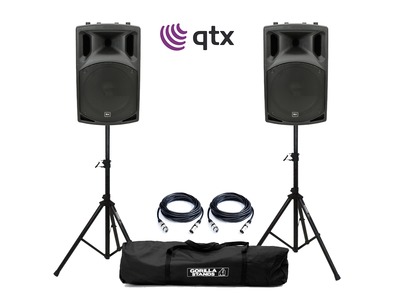 QTX QX12A Active Speakers with Stands and Cables