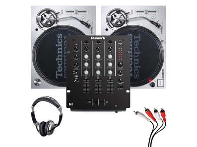 Technics SL1200MK7 (Pair) + M4 Black Mixer with Headphones & Cable